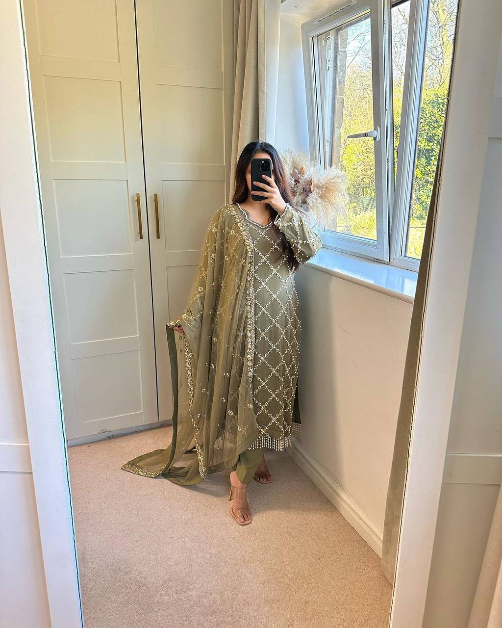 *DESIRABLE FANCY FAUX GEORGETTE SEQUENCE EMBROIDERED WORK TOP AND PENT WITH DUPATTA*