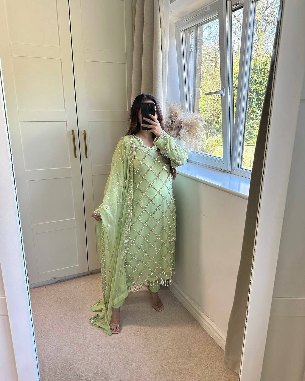 *DESIRABLE FANCY FAUX GEORGETTE SEQUENCE EMBROIDERED WORK TOP AND PENT WITH DUPATTA*