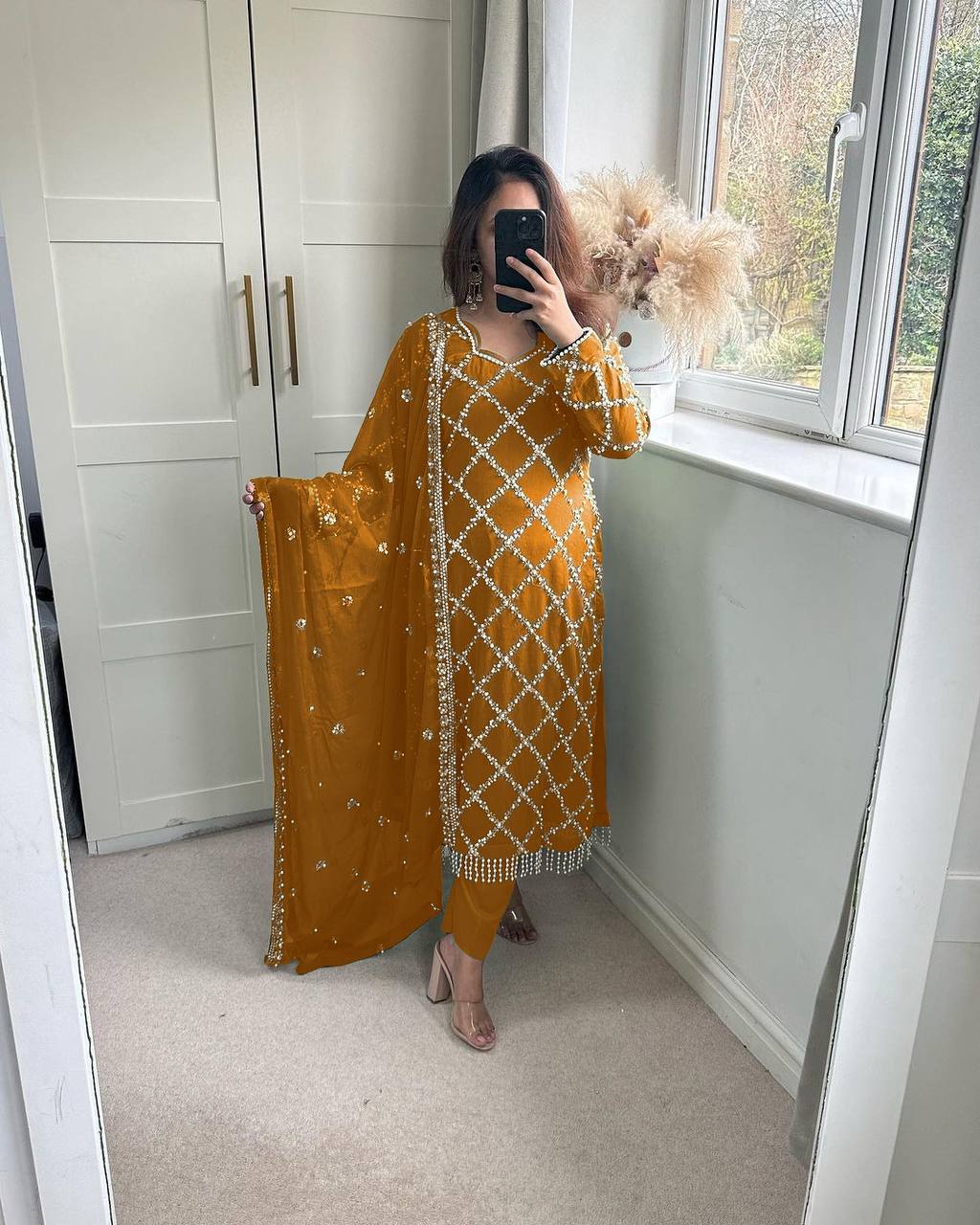 *DESIRABLE FANCY FAUX GEORGETTE SEQUENCE EMBROIDERED WORK TOP AND PENT WITH DUPATTA*