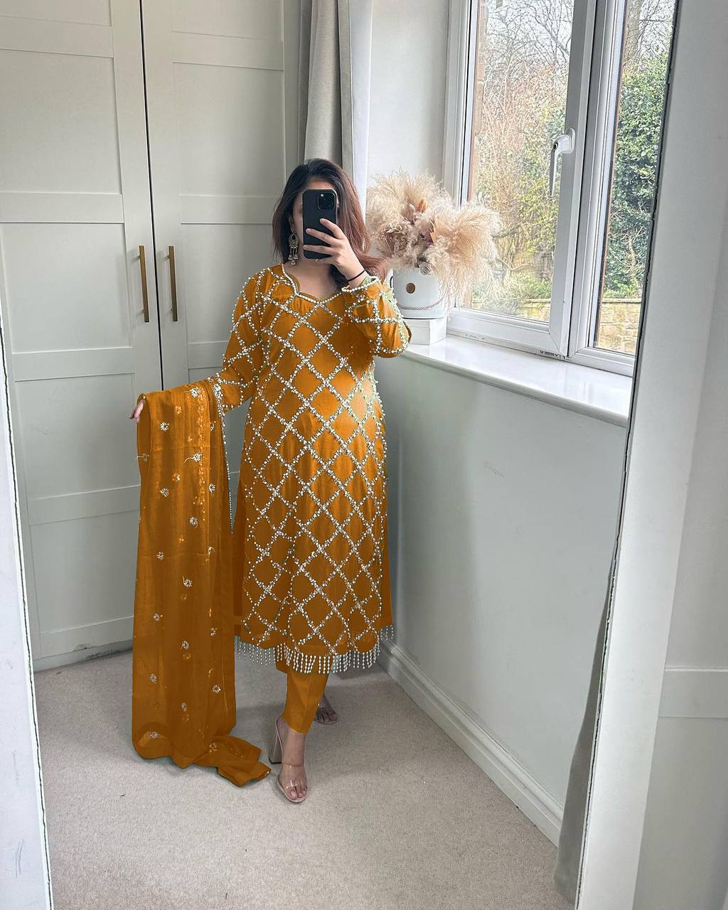 *DESIRABLE FANCY FAUX GEORGETTE SEQUENCE EMBROIDERED WORK TOP AND PENT WITH DUPATTA*