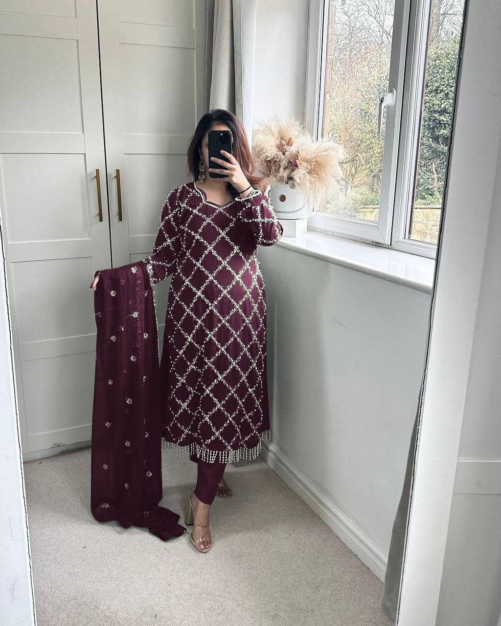 *DESIRABLE FANCY FAUX GEORGETTE SEQUENCE EMBROIDERED WORK TOP AND PENT WITH DUPATTA*