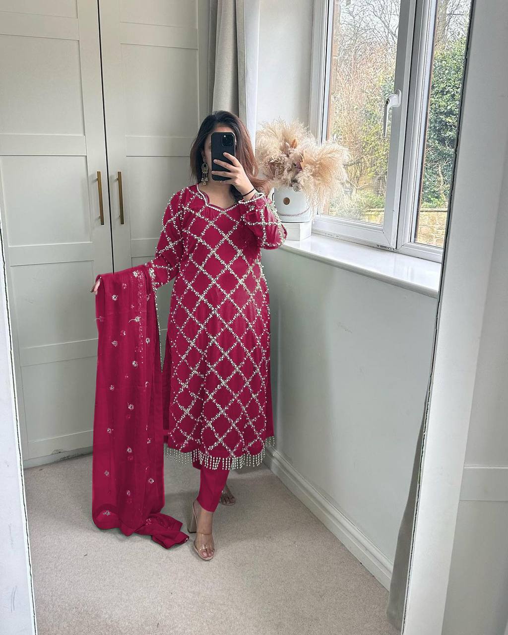 *DESIRABLE FANCY FAUX GEORGETTE SEQUENCE EMBROIDERED WORK TOP AND PENT WITH DUPATTA*