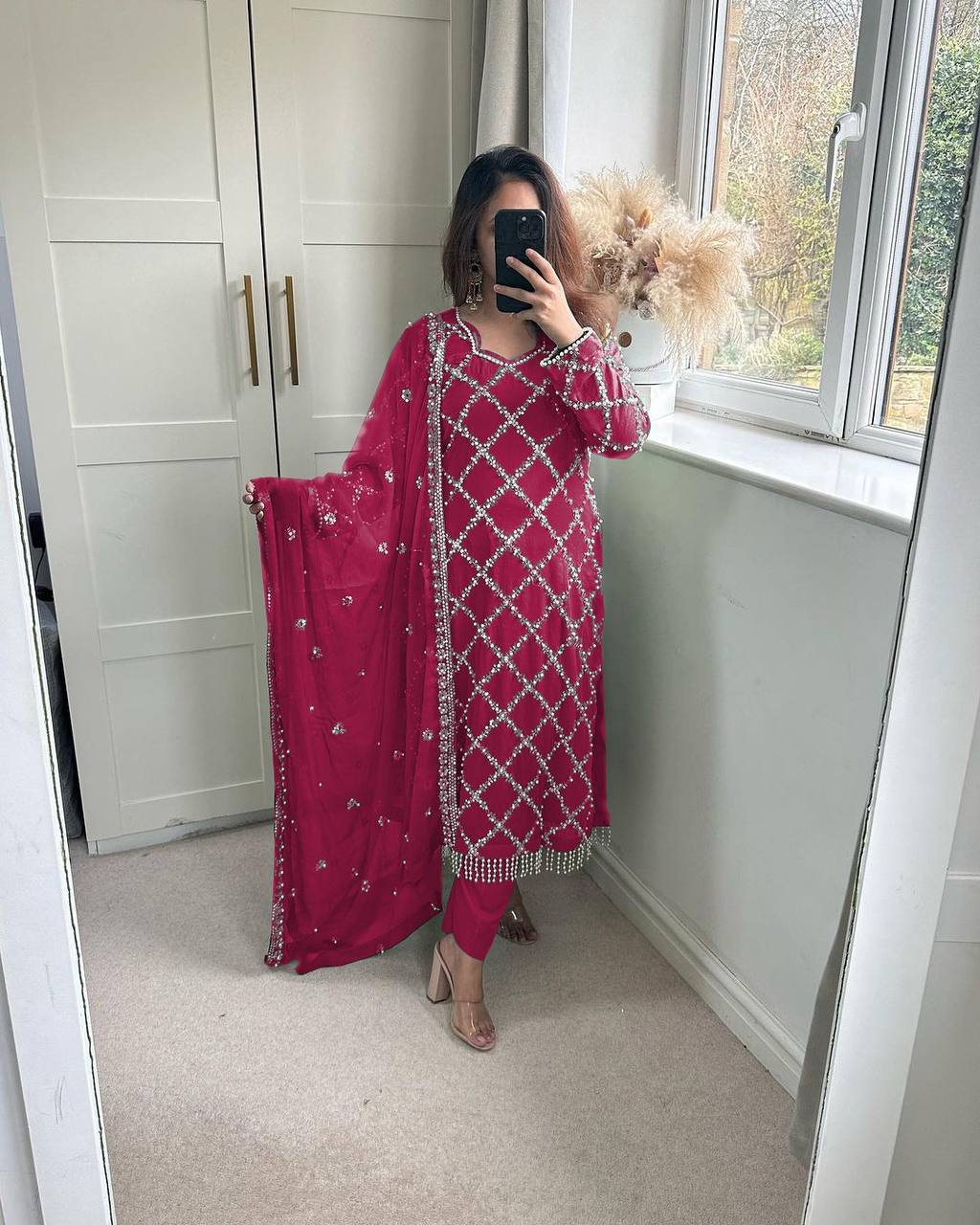 *DESIRABLE FANCY FAUX GEORGETTE SEQUENCE EMBROIDERED WORK TOP AND PENT WITH DUPATTA*