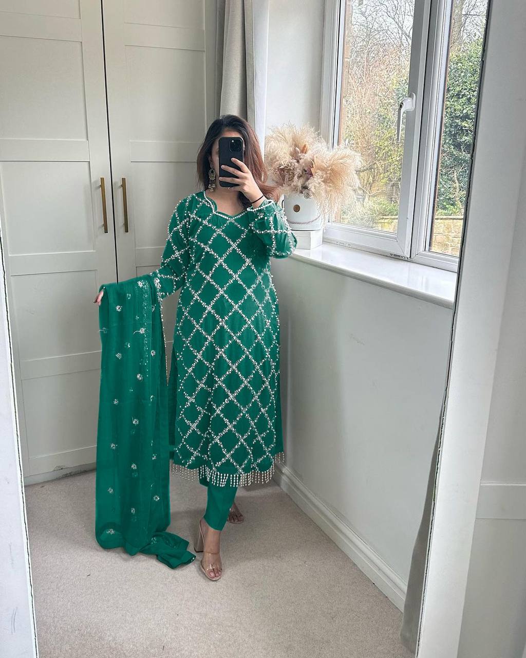 *DESIRABLE FANCY FAUX GEORGETTE SEQUENCE EMBROIDERED WORK TOP AND PENT WITH DUPATTA*