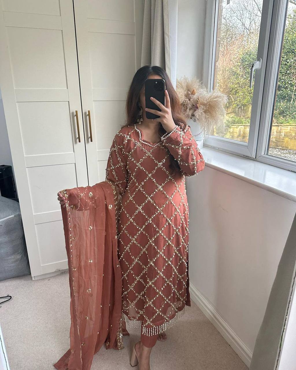 *DESIRABLE FANCY FAUX GEORGETTE SEQUENCE EMBROIDERED WORK TOP AND PENT WITH DUPATTA*