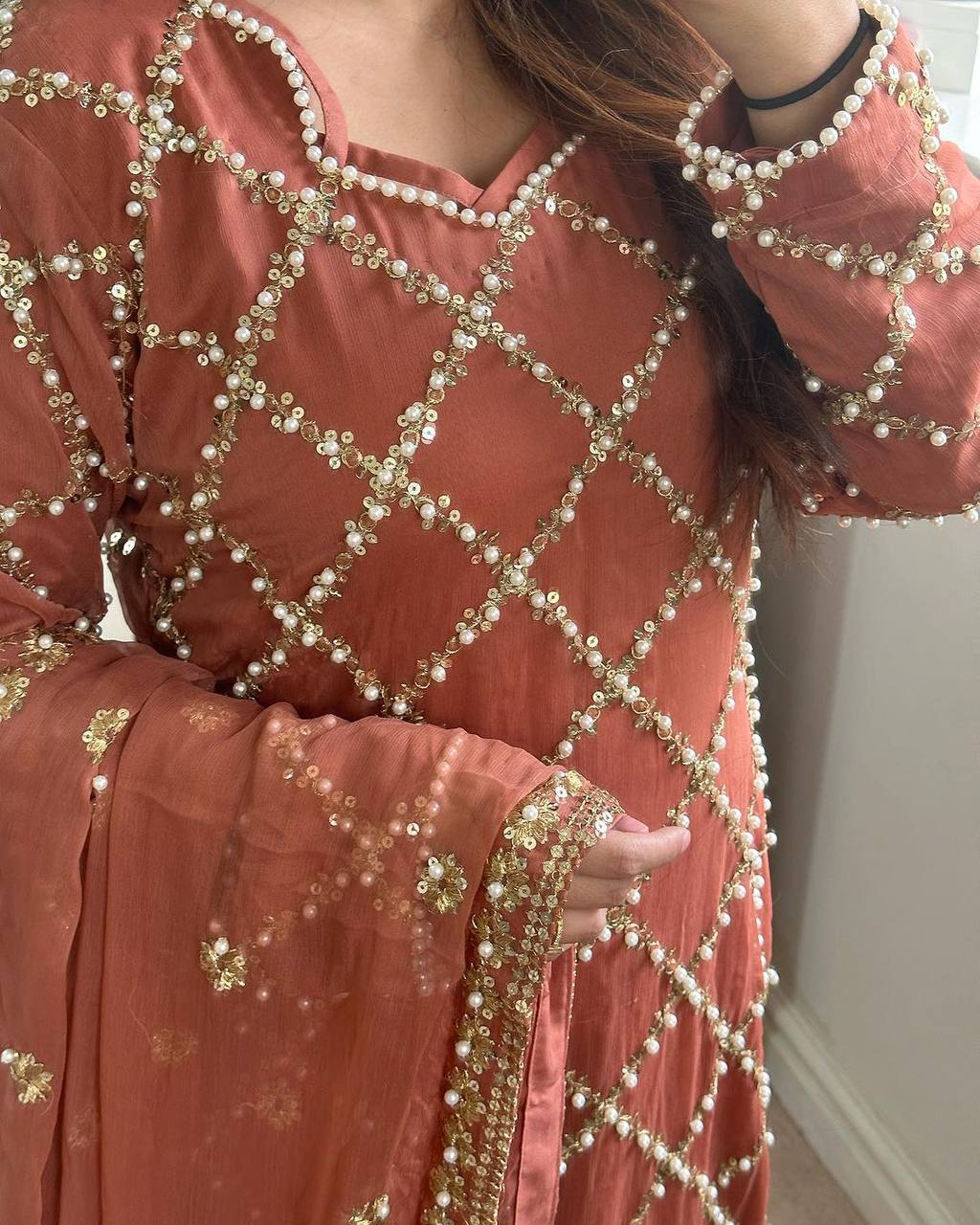 *DESIRABLE FANCY FAUX GEORGETTE SEQUENCE EMBROIDERED WORK TOP AND PENT WITH DUPATTA*