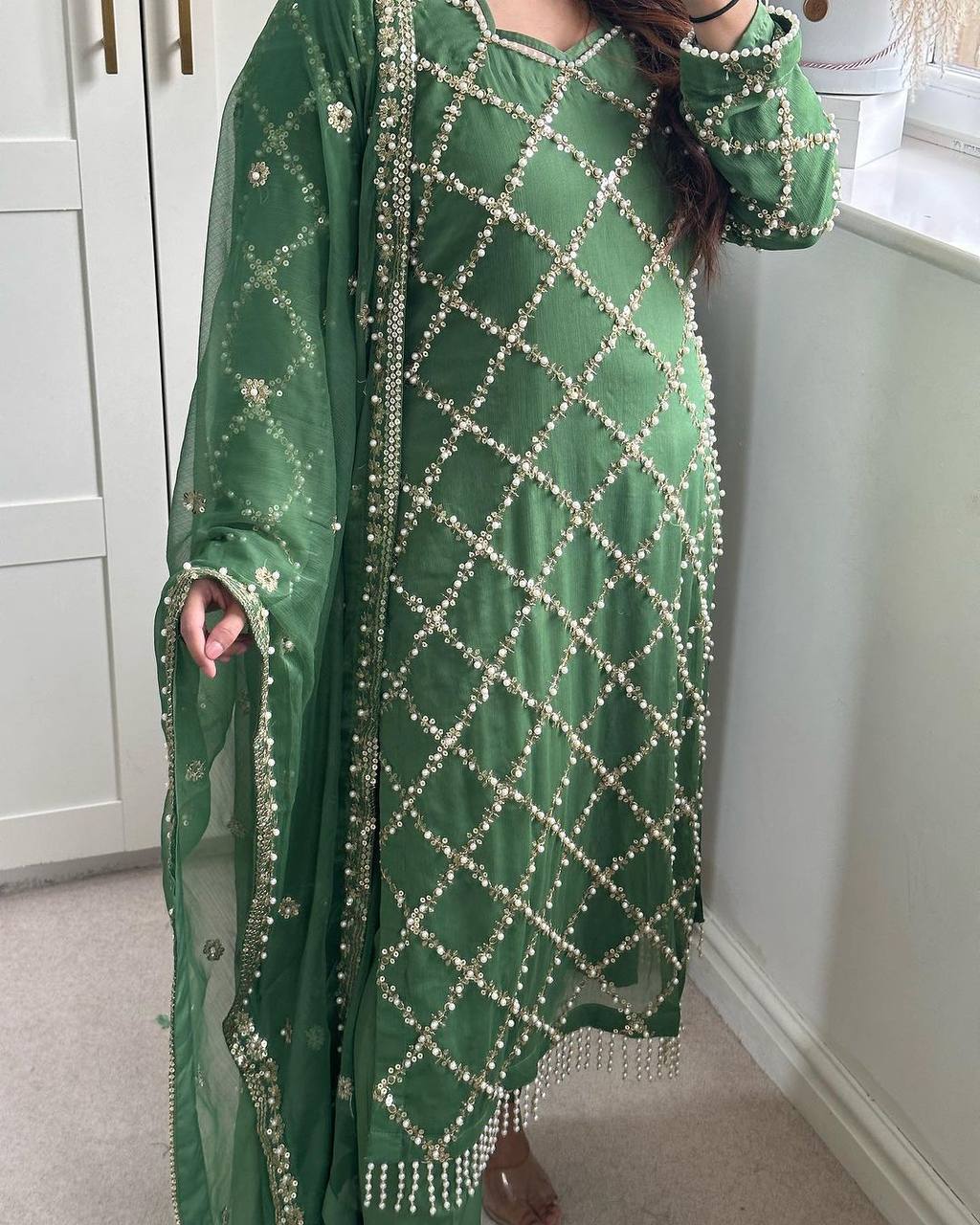 *DESIRABLE FANCY FAUX GEORGETTE SEQUENCE EMBROIDERED WORK TOP AND PENT WITH DUPATTA*