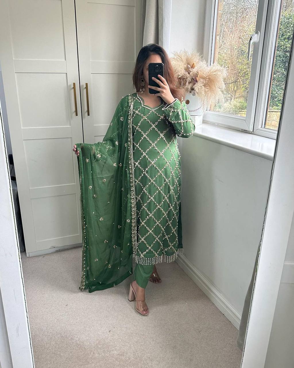 *DESIRABLE FANCY FAUX GEORGETTE SEQUENCE EMBROIDERED WORK TOP AND PENT WITH DUPATTA*