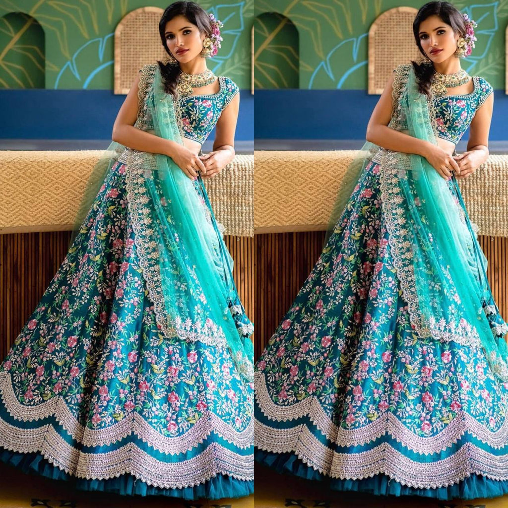 * Aqua blue colour Embroidered Attractive Party Wear Silk Lehenga choli *