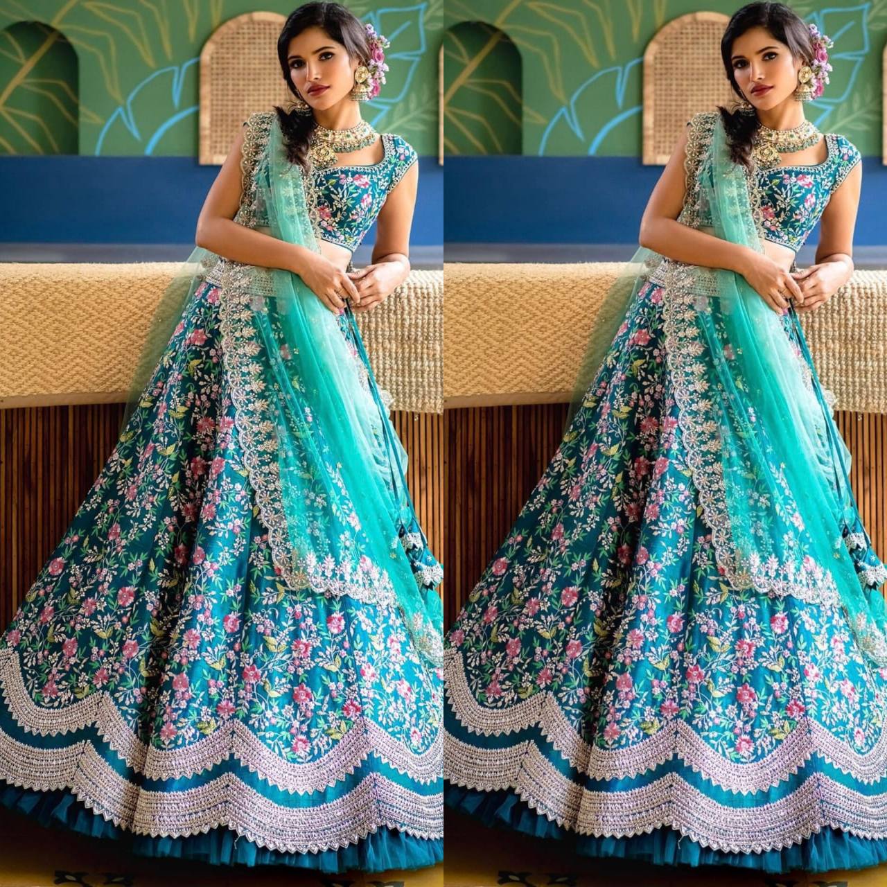* Aqua blue colour Embroidered Attractive Party Wear Silk Lehenga choli *
