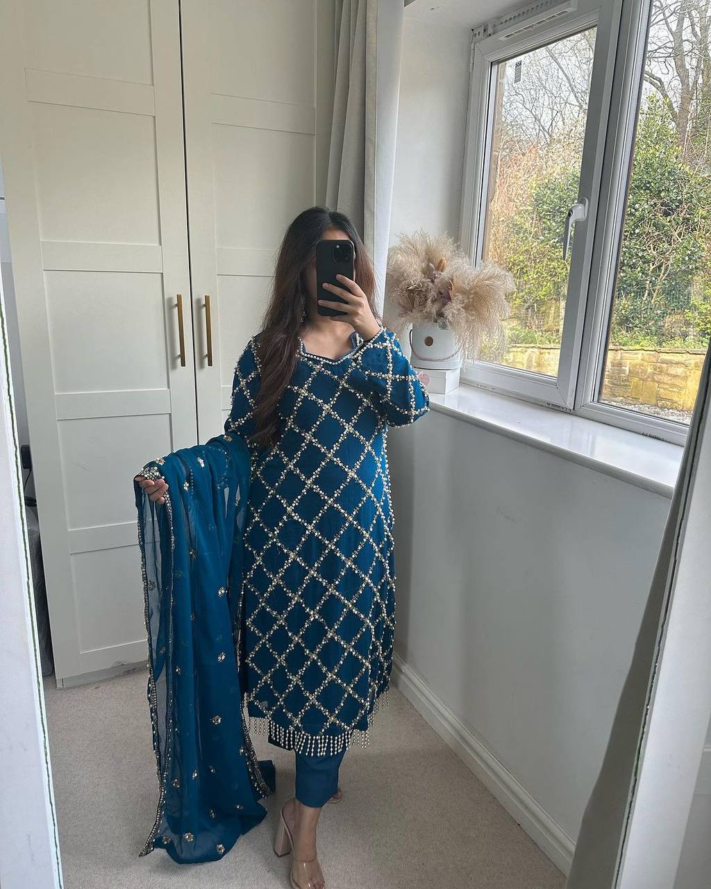 *DESIRABLE FANCY FAUX GEORGETTE SEQUENCE EMBROIDERED WORK TOP AND PENT WITH DUPATTA*